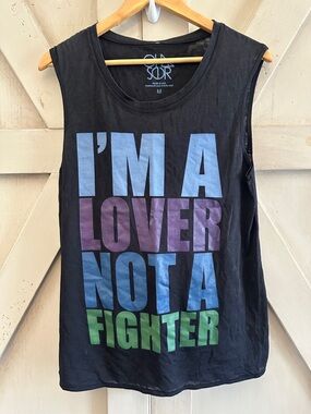 Chaser “I’m a Lover Not a Fighter” Graphic Tank Top Size M Black NWT